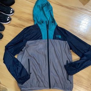 THE NORTH FACE MENS SZ MED BLUE AND TEAL WATERPROOF WINDBREAKER ZIP UP WITH HOOD